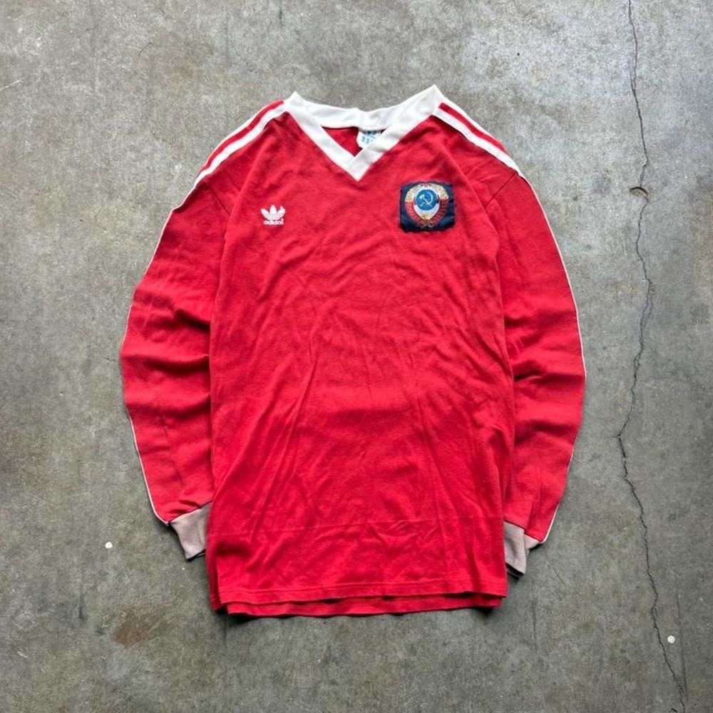 Vintage 80s adidas USSR Soviet Union red long sleeve soccer jersey men's small